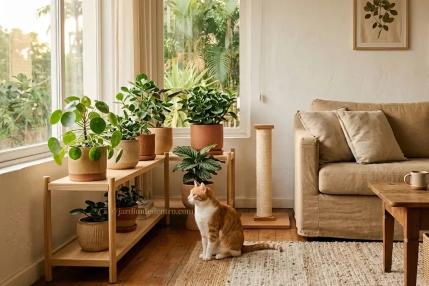 Sala pet friendly com plantas e decoração natural