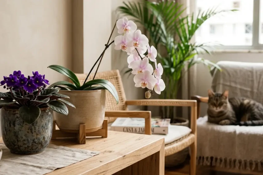 Violeta-africana e orquídea em decoração de interiores