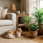 Gato em sala com plantas seguras para gatos