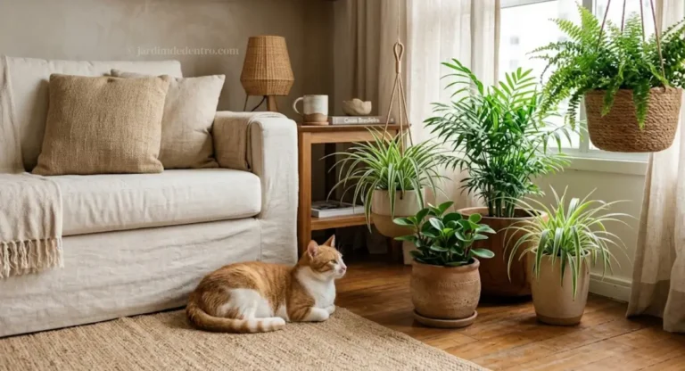 Gato em sala com plantas seguras para gatos