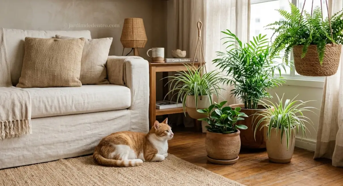Gato em sala com plantas seguras para gatos